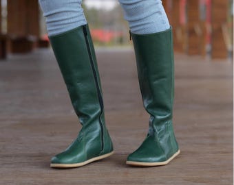 Nebula Walking Barefoot Leather Tall Boots Green Zero Drop Wide Toe Box W 6