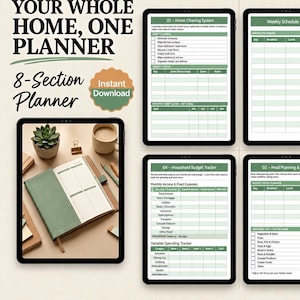 May include: An 8-section digital planner titled YOUR WHOLE HOME, ONE PLANNER. The display shows various templates including a Home Cleaning System, Weekly Schedule, Household Budget Tracker, and Meal Planning page with green accents.