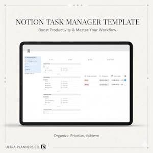 以下が含まれることがあります： デジタルタブレットには、Notionタスクマネージャーのテンプレートが表示されています。画面には、進捗状況と開始日が表示されたタスクリストが表示されています。上部には「NOTION TASK MANAGER TEMPLATE」と「Boost Productivity & Master Your Workflow」と書かれています。