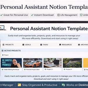 May include: A digital Personal Assistant Notion Template displayed on a laptop and smartphone. The template helps users track tasks, projects, and goals. The screen shows project examples and the text "Personal Assistant Notion Template".