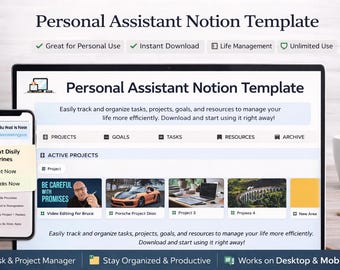Personal Assistant Notion Template | Life Organizer | Task Manager | Daily Planner | Productivity Dashboard Digital Download