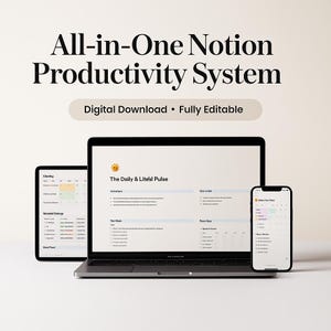 May include: A laptop, tablet, and smartphone display a digital productivity system. The laptop screen shows "The Daily & Litesl Pulse" with a sunflower icon. Text at the top reads "All-in-One Notion Productivity System. Digital Download • Fully Editable."