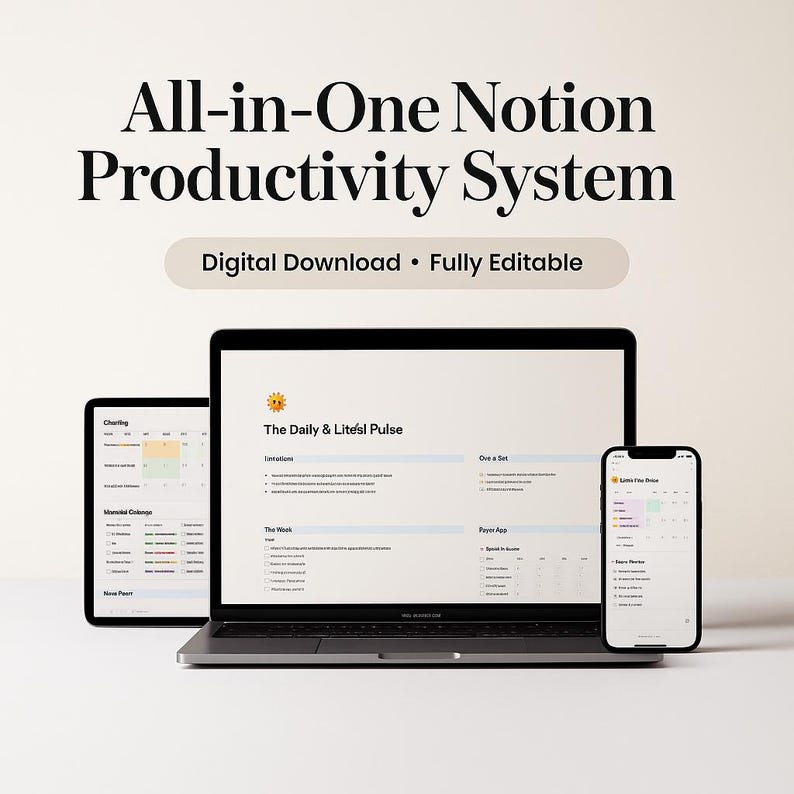 May include: A laptop, tablet, and smartphone display a digital productivity system. The laptop screen shows "The Daily & Litesl Pulse" with a sunflower icon. Text at the top reads "All-in-One Notion Productivity System. Digital Download &bull; Fully Editable."