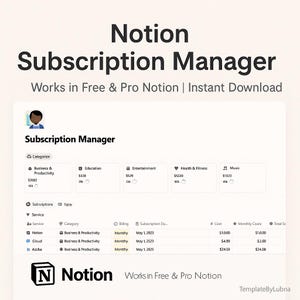May include: A digital Notion subscription manager template with a clean, organized layout. The design includes sections for categorizing subscriptions, tracking costs, and managing billing dates. The template is designed to work in both free and pro versions of Notion.