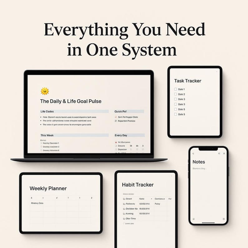 May include: A laptop, tablets, and a smartphone display a digital planner interface. The text "Everything You Need in One System" is at the top. The screens show a daily goal pulse, task tracker, weekly planner, habit tracker, and notes.