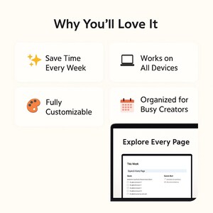 May include: Image with the text "Why You'll Love It" and four features: "Save Time Every Week", "Works on All Devices", "Fully Customizable", and "Organized for Busy Creators". A laptop screen displays "Explore Every Page" and a list.