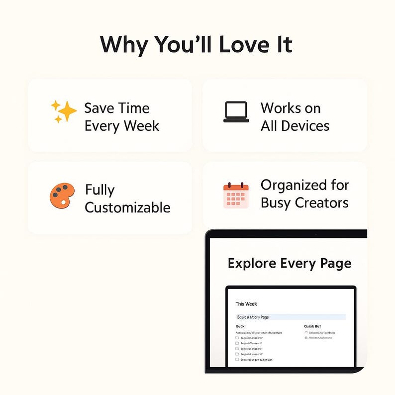May include: Image with the text "Why You'll Love It" and four features: "Save Time Every Week", "Works on All Devices", "Fully Customizable", and "Organized for Busy Creators". A laptop screen displays "Explore Every Page" and a list.