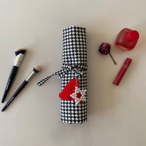 makeup brush holder,handmade brush organizer,customizable makeup storage,cosmetic organizer,fabric brush holder,portable makeup storage