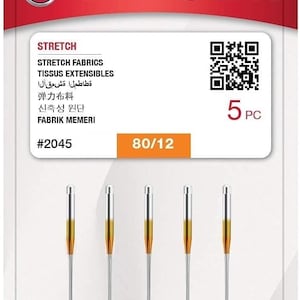 Singer Stretch Sewing Machine Needles – 5 Pack, Size 80/12 (#2045)
