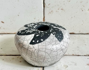 Small Black And White Raku Glaze Pottery Vase