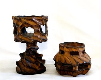 Set of Two Brutalist Wooden Hand Carved Candleholders Votive Pillar Vase