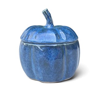 May include: A pumpkin-shaped lidded jar with a glossy, deep blue glaze. The ceramic container features vertical ridges and a textured stem handle on the lid. The surface displays variations in blue tones, creating a mottled appearance across the body.