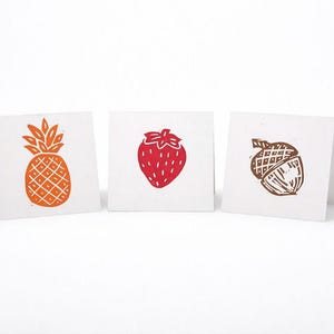 Mini Cartão de Anotações com Frutas – Cartão Linocut Carimbado à Mão 3x3”, Complemento para Presente