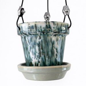 Maceta colgante de gres esmaltado hecha a mano con drenaje lateral / 10 cm con plato incorporado