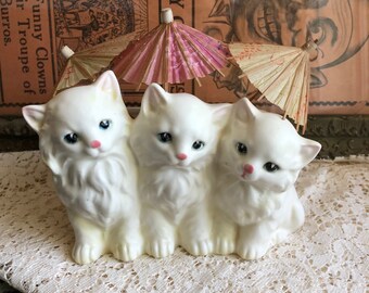 Vintage Kitten Planters Gray and White Set of 2