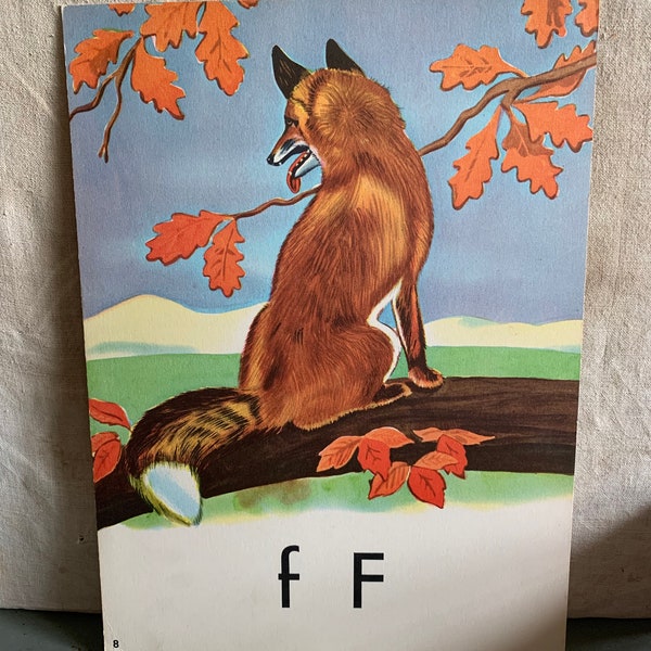 F Is For Fox Vintage 1950s LB Lippincott Co Large Stock Card Alphabet Learning Card