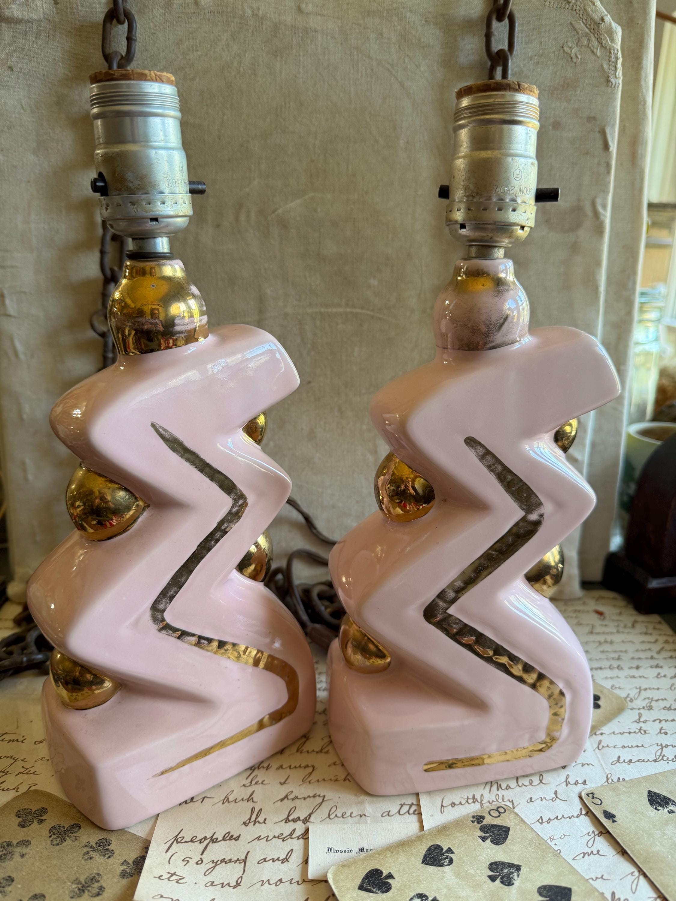 Good Golly Miss Molly Vintage Atomic MCM Pink Gold Krone Matching Zig Zag Accent Lamps