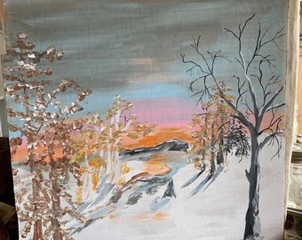 No Lie He Painted On Cardboard And Was Friends With Bob Ross Vintage Winter Nature Scene Oil Painting