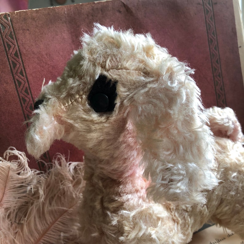 May include: A vintage white plush toy dog with black button eyes. The dog has a fluffy, curly coat and is in a sitting position.