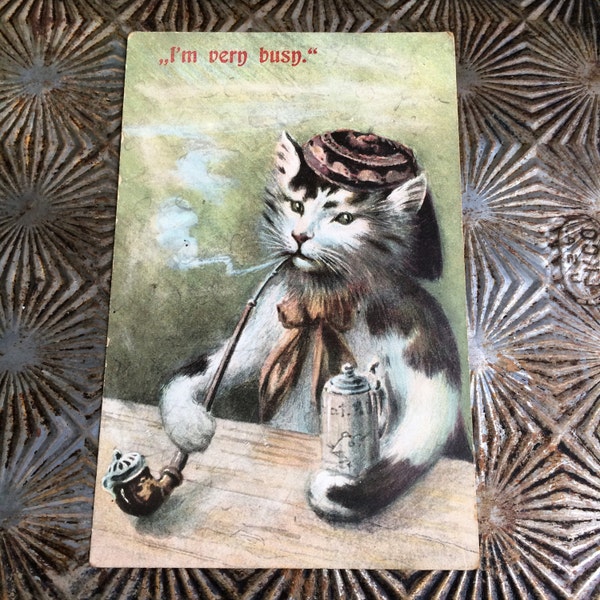 I'm Very Busy Yup Me Too Antique German Cat Postcard