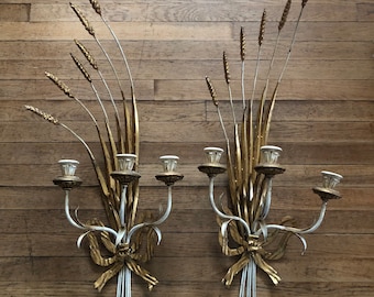 Vintage Italian Toleware Wheat  Bow Candle Wall Sconces Glamour Coming In Hot & Heavy