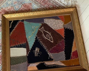 Thank God Someone Thought To Save The Fish And Snake Antique Framed Salvaged Crazy Quilt Piece