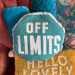 May include: A collection of decorative pillows in various shapes and colors. The central pillow is turquoise with the words "OFF LIMITS" in white. A yellow pillow below reads "HELLO LOVELY". Two turquoise, cylindrical pillows are also visible.