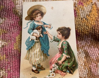 Two Girls And Their Pup To Greet You Antique Postcard