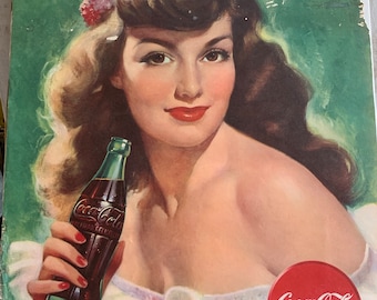 She’s An Original Late 1940s Early 50s Vintage Coca Cola Advertising Poster With Brown Haired Beauty