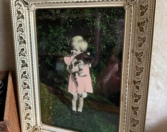 A Girl & Her Pink Puss Vintage Tinted Photo In A Shabby Metal Frame