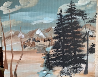 No Lie He Painted On Cardboard And Was Friends With Bob Ross Vintage Mountain Scene Oil Painting