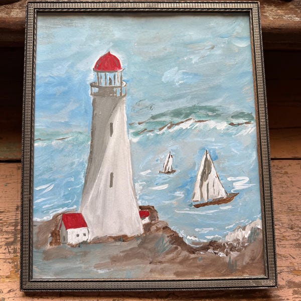 He Painted On Pizza Boxes & Paper Vintage MCM Lighthouse Framed Painting