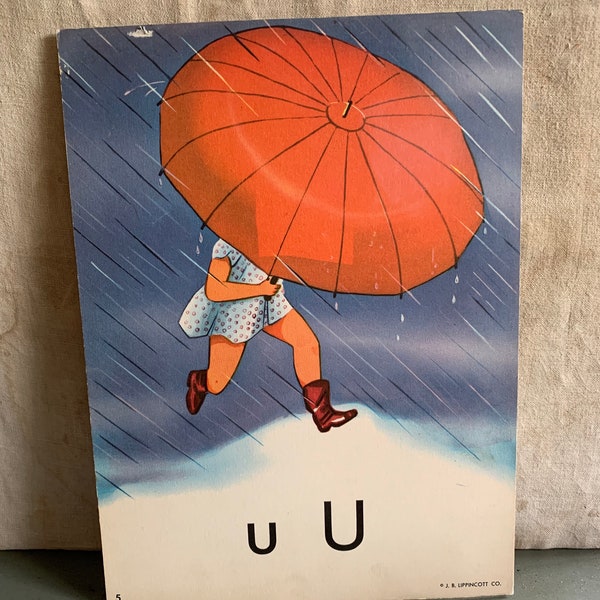 U Is For Umbrella  Vintage 1950s LB Lippincott Co Large Stock Card Alphabet Learning Card