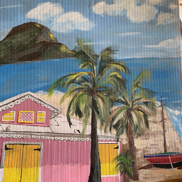 Reserved Listing No Lie He Painted On Cardboard Vintage Beach Cottage Painting