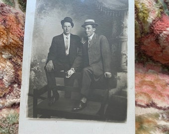 Let’s Go Boys Staddle This Bench Antique Photo Postcard Two Gents In Hats