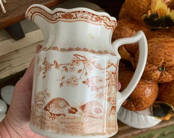 Those Two Little Quails Are 111 Years Old Antique English Brown Transferware Pitcher
