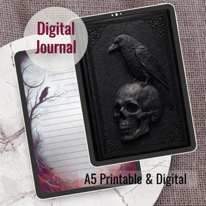 Peut inclure: Journal numérique avec un corbeau perché sur un crâne. Le journal est noir et au format A5 imprimable et numérique. Les pages du journal présentent un motif d'arbre et de lune.
