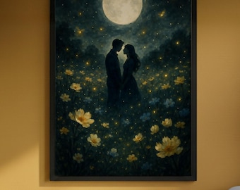 Romantic Couple Moonlight Digital Wall Art – Starry Night Printable Canvas Decor