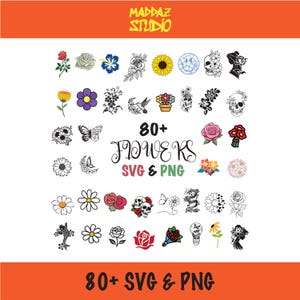 80+ Flower SVG PNG Bundle | Mixed Floral Clipart | Rose, Sunflower, Daisy, Line Art, Botanical Vector Files for Cricut and Sublimation