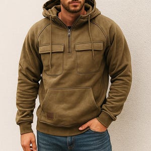 Felpa Uomo Con Mezza Zip E Cappuccio - Tasche Con Cerniera, Morbida E Calda, Perfetta Per Lavoro E Tempo Libero