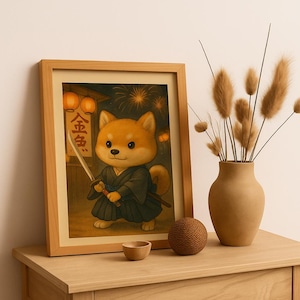 Adorable Shiba Inu Samurai Poster, Cute Wall Art, Japanese Decor, Gift for Dog Lovers, Festival Celebration