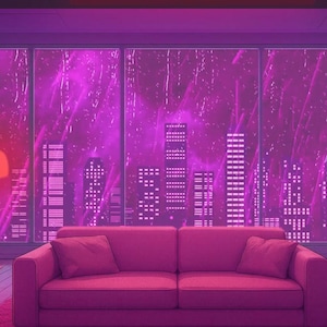 May include: A digital illustration of a room with a pink and purple color scheme. A pink sofa sits in front of a large window overlooking a cityscape. A neon "COFFEE" sign hangs on the wall. A floor lamp and artwork complete the scene.