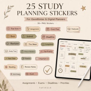 Op de afbeelding: Een digitale stickerset getiteld 25 STUDY PLANNING STICKERS voor GoodNotes en digitale planners, met meer dan 30 PNG-stickers in gedempte aardetinten met labels zoals Due Soon, Assignment, Exam Prep, Flashcards, Quiz en Deadline.