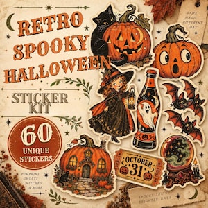 May include: A sticker kit featuring 60 Halloween-themed designs including a black cat on a pumpkin, a witch with a lantern, a ghost in a bottle, bats, a pumpkin house, a crystal ball, and a ticket labeled October 31. Text reads Retro Spooky Halloween.