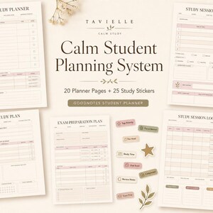 May include: A digital planning system featuring a Weekly Study Planner, Study Session Planner, Daily Study Plan, Exam Preparation Plan, and Study Session Log. The set includes 20 planner pages and 25 study stickers with text in a neutral color palette.