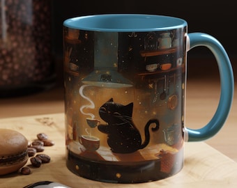 Taza de café Gato Negro y Luna: Taza de cerámica multicolor con el amuleto de la bruja