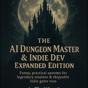 May include: A book cover with a gothic castle silhouetted against a large moon. The title is "THE AI DUNGEON MASTER & INDIE DEV EXPANDED EDITION." The text below describes the book's content, with "by The Wizard" at the bottom.