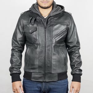 Handmade Men&#39;s Black Sheepskin Leather Bomber Jacket with Removable Hood