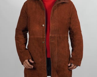 Handmade Men’s Suede Leather Pea Coat | Coffee Brown Sheriff Coat with Faux Fur Collar