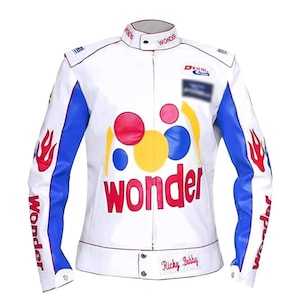 May include: A white racing jacket featuring blue sleeves with red flame graphics. The front displays the word wonder in red letters below colorful circles, with the name Ricky Bobby on the bottom hem and various racing logos on the chest and collar.